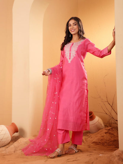 Varanga Women Pink Zari Embroidered Regular Chanderi Silk Kurta with Trousers & Dupatta - Elegant Ethnic Set
