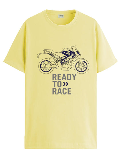 ADRO Men's Biker Design Printed 100% Cotton T-Shirt - Regular Fit, Printed T-Shirts for Men (RN24-KTM-LY_Light Yellow)