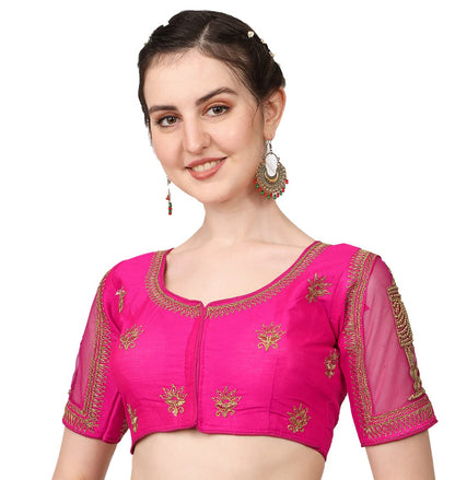 Pujia Mills WomenS Multicolor Temple Embroidery Net Back Sequence Khatli Work Sleeves Design Phantom Silk Readymade Saree Blous