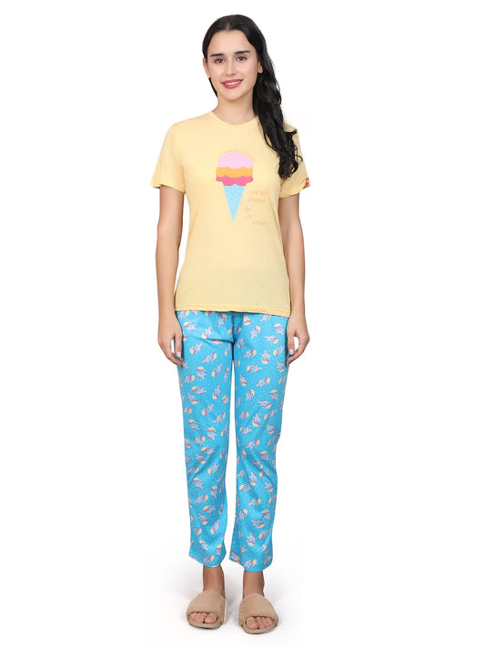 Evolove WomenS Cotton Round Neck Short Sleeves Night Suit Set/Top Pyjama Set Super Soft Comfortable (Yellow Blue, Npskn1641Be-X