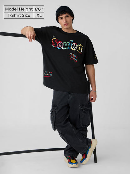 The Souled Store Oversized T-Shirt: Colour-Stroke Men and Boys Short Sleeves Round Neck Black Embroidered Cotton Oversized T-Shi