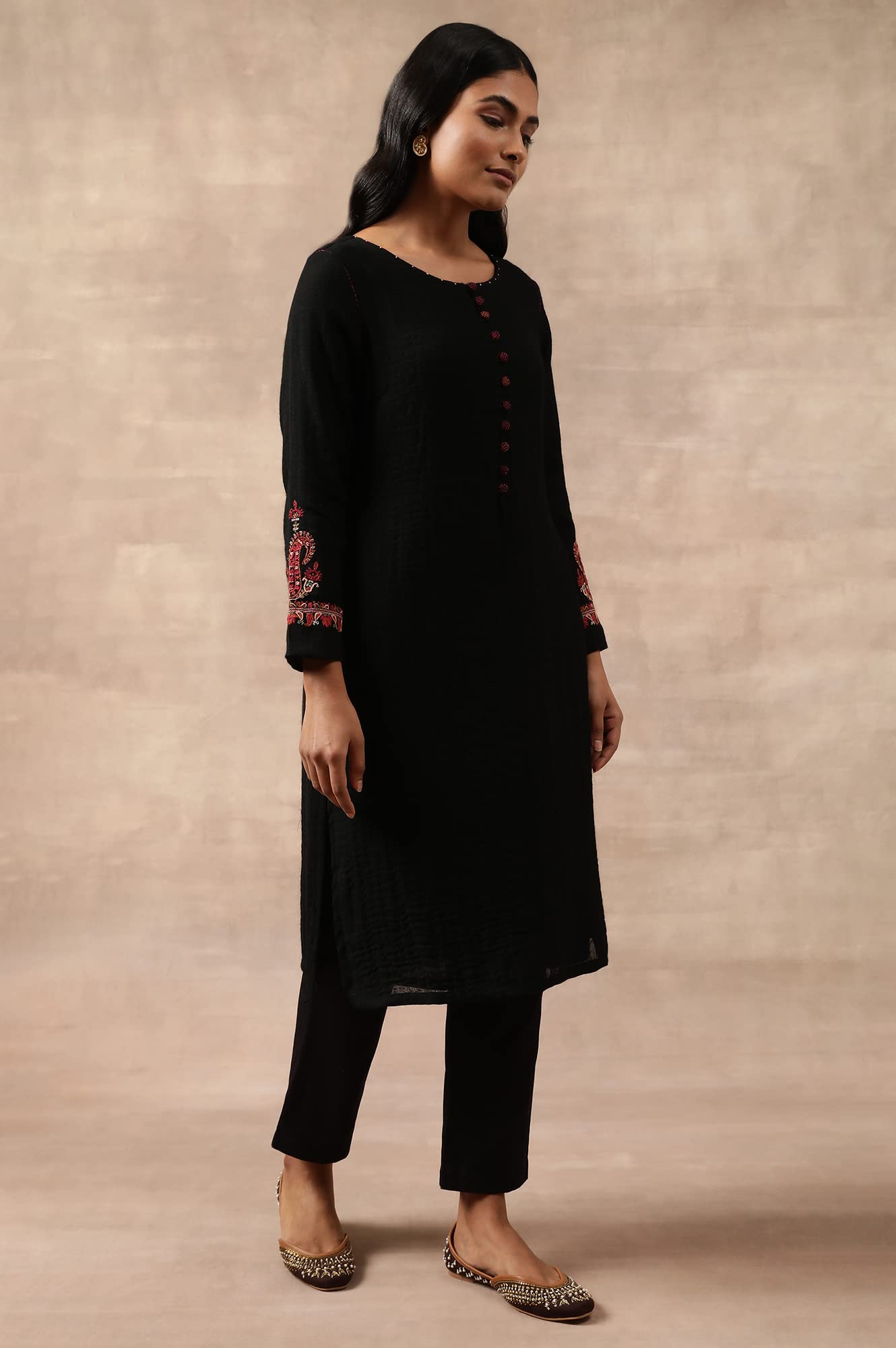 W for Woman Black Woollen Embroidered Kurta