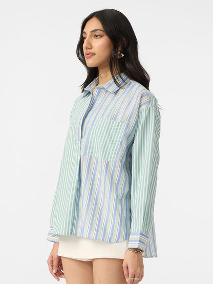 The Souled Store Stripe Shirt: Siesta Women and Girls Long Sleeves Collared Neck Button Front Cotton Blend Boyfriend Shirts