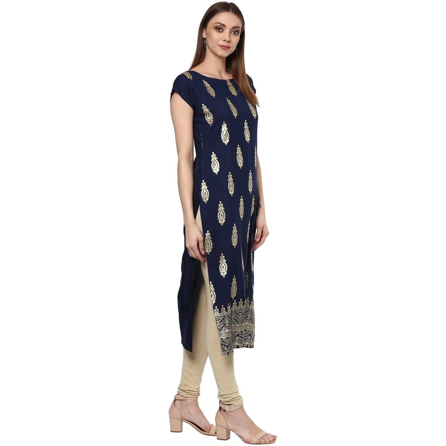 ZIYAA Women's Blue Color Self Print Straight Crepe Kurta