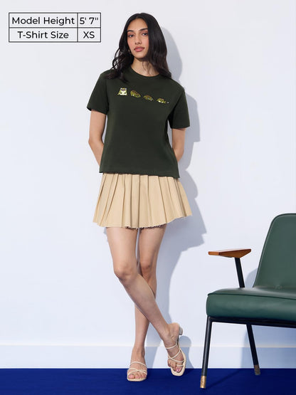The Souled Store Relaxed T-Shirt: Tired Frog Women and Girls Short Sleeves Round Neck Green Embroidered Cotton Relaxed Fit T-Shi