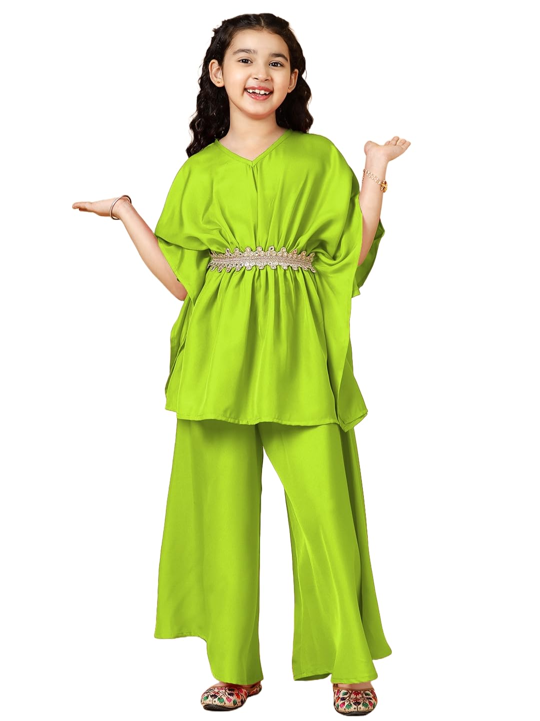 A.T.U.N. (ALL THINGS UBER NICE) Girls Solid Polysilk Lime Green Kaftan with Flared Pant Set