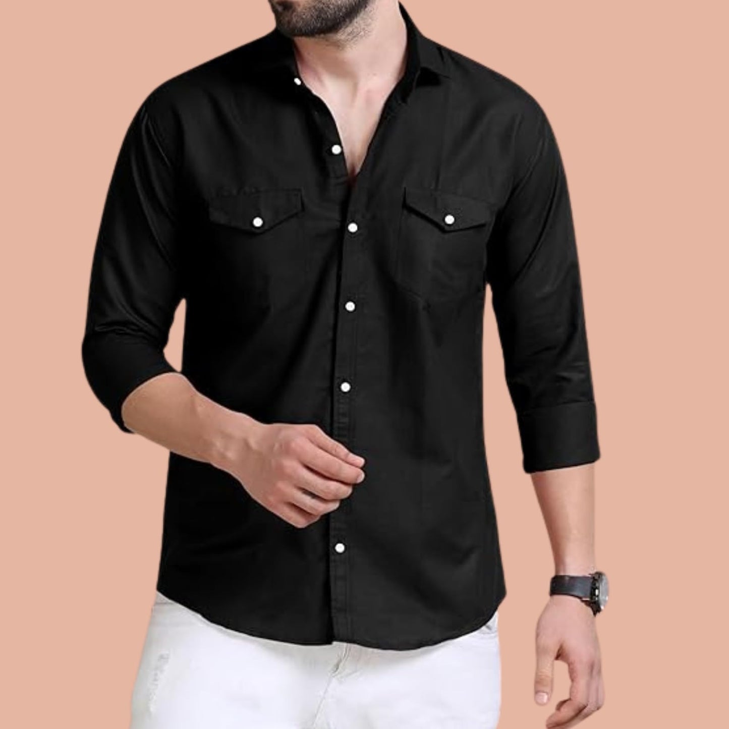 Rebelify MenS Cotton Shirt With Pockets Full Sleeves Collared Neck Solid Pattern Botton Down Closure Regular Fit And Standard L