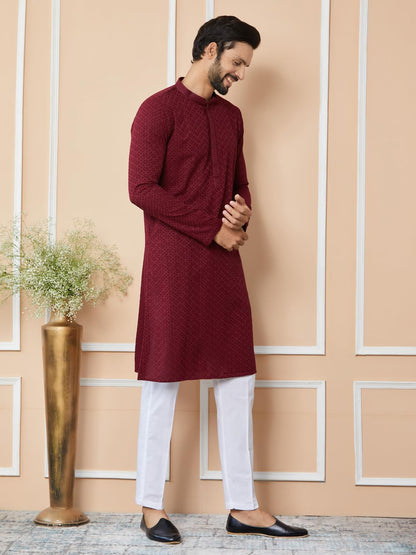 See Designs MenS Long Sleeve Mandarin Collar Side Slit Maroon Embroidered Chikankari Rayon Straight Kurta With Pyjama - Sdkt256