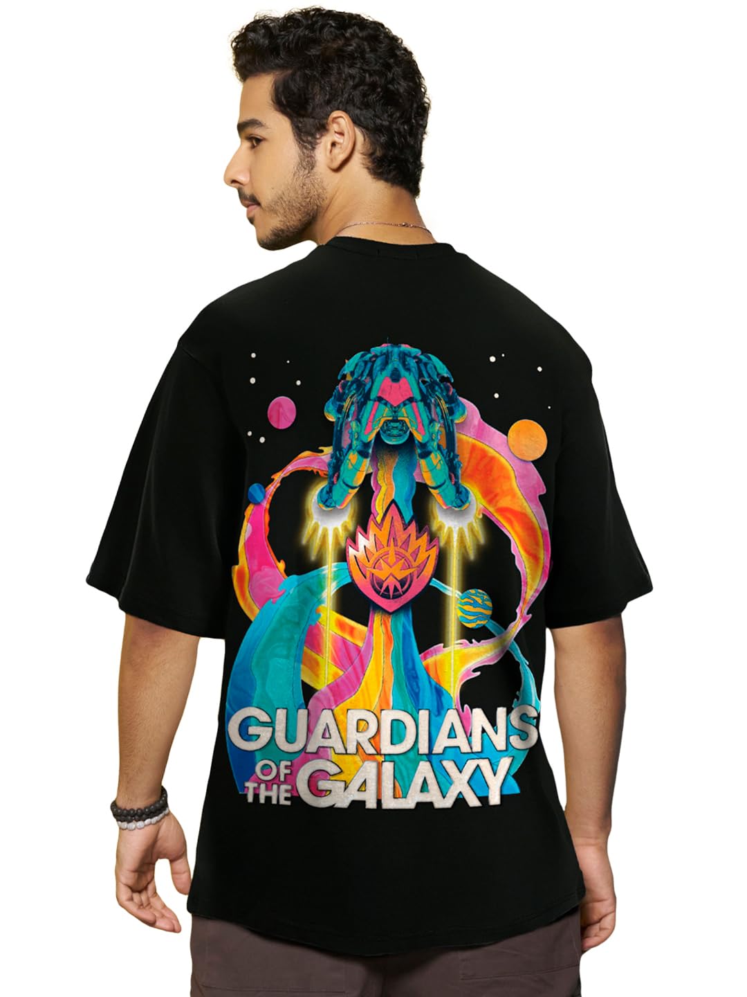 Bewakoof X Official Marvel Merchandise Mens Galaxy Ship Graphic Printed Oversized 100% Cotton Jersey T-Shirt Oversized Fit, Rou