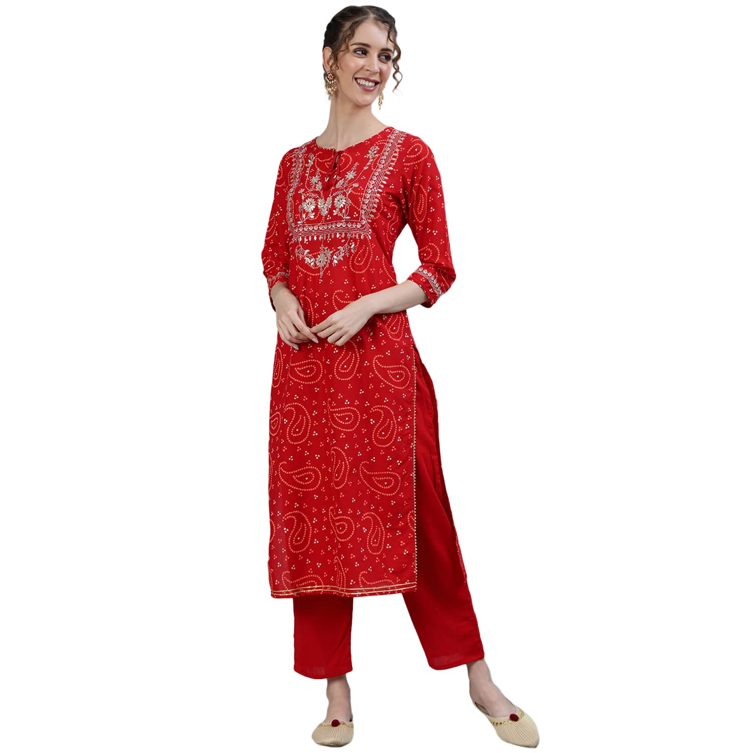ishin Women's Pure Cotton Straight Embroidered Zari Bandhani print Red Kurta suit set with Trouser