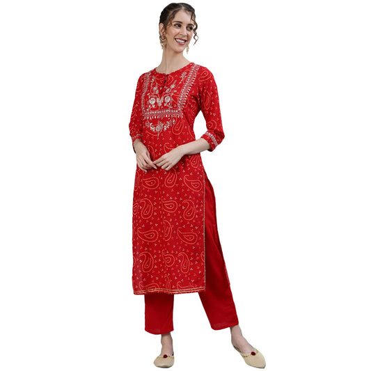 ishin Women's Pure Cotton Straight Embroidered Zari Bandhani print Red Kurta suit set with Trouser