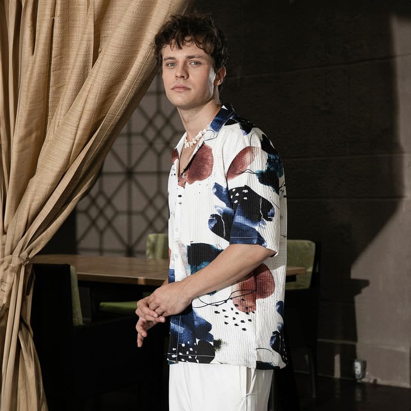 Campus Sutra Mens Daisy White Abstract Blob Oversized Shirt for Casual Wear | Cuban Collar | Short Sleeve | Button Closure | Ov