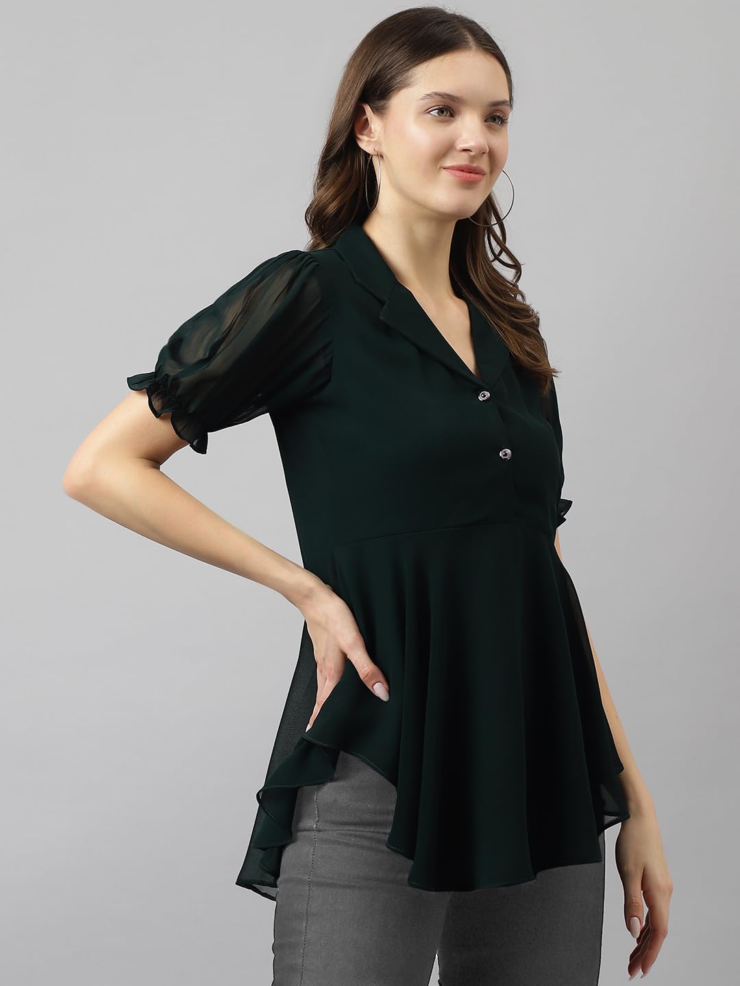 Toochki Womens Bottle Green Georgette Solid Flared Western Top | Winter Top | Western Top | Top for Women | Latest Women Top |