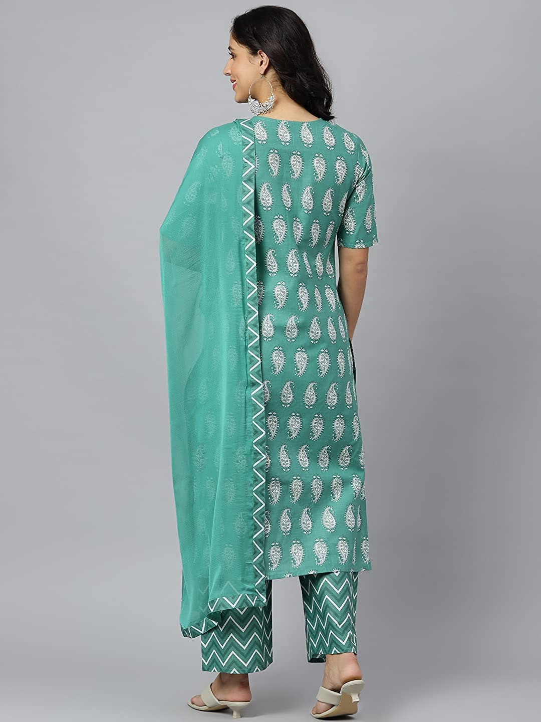 GoSriKi Women's Cotton Blend Printed Straight Kurta, Palazzo & Dupatta (Tinka_New-GO)