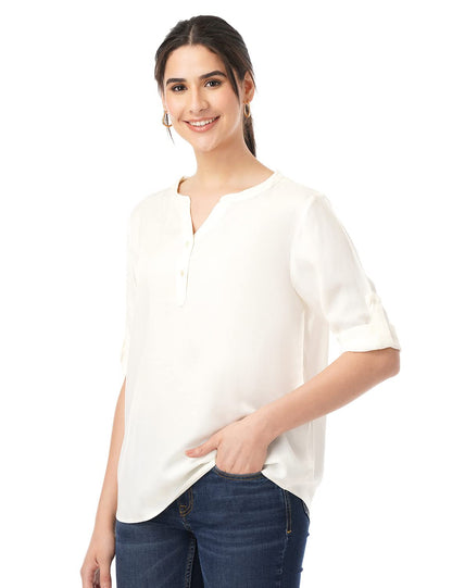 FYLTR Womens Fashion V-Neck Top with Roll-up Sleeves