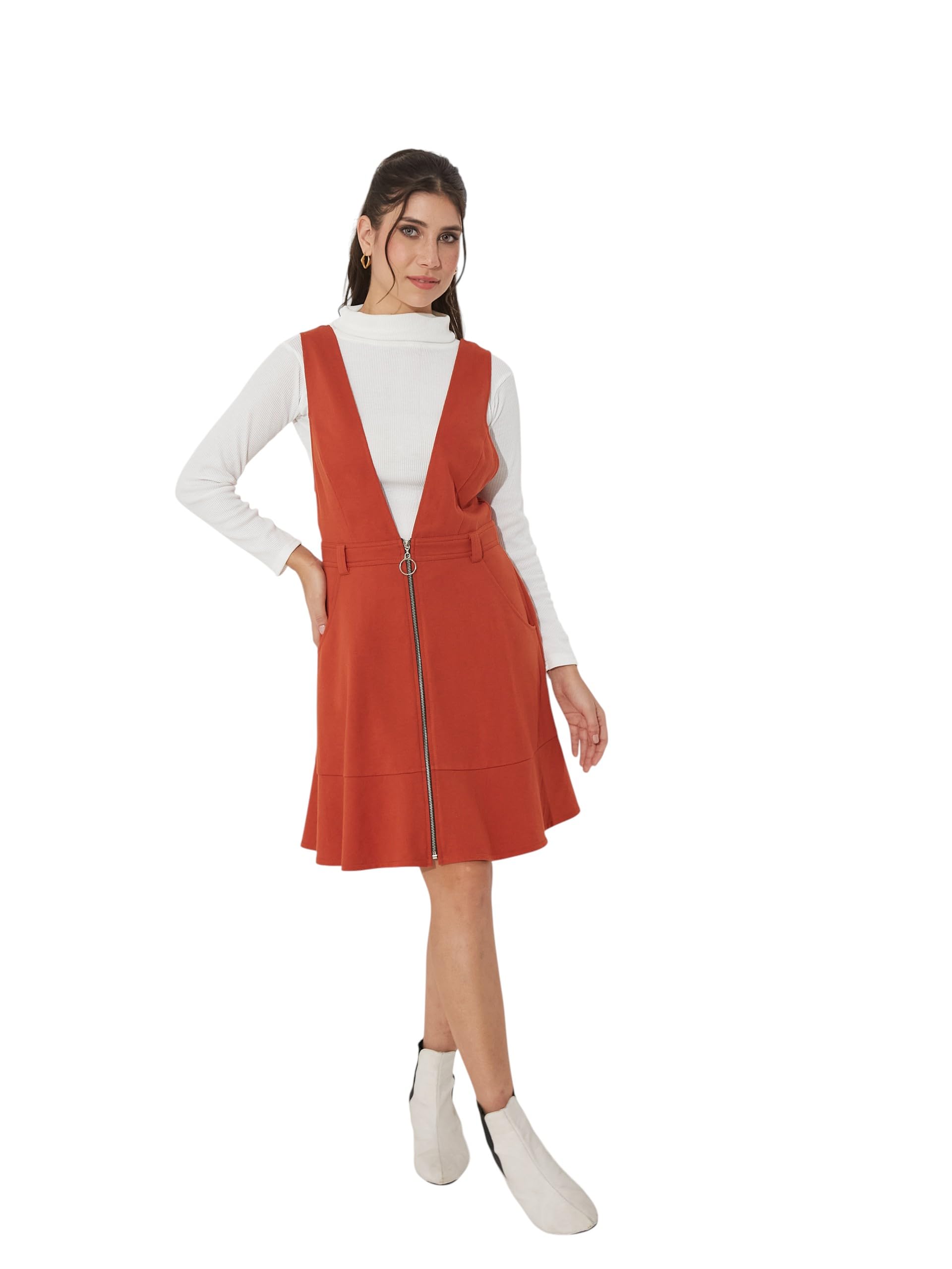 Miss Chase Polyester Pinafore Dress With Zipper Detail And Side Pockets (Mcaw25D16-95-606-06, Rust, Xl)