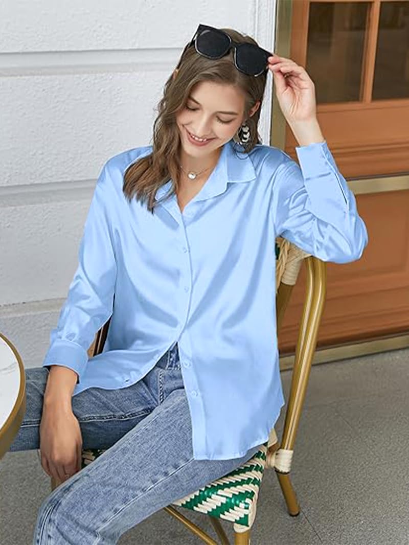 CB-COLEBROOK Womens Blouse Satin Silk Stylish Shirts Button Down Solid Shirts Casual Loose Long Sleeve Office Work Tunic Wester