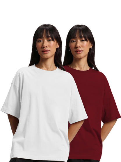 JUNEBERRY Pure Cotton Drop Shoulder Oversized Baggy Fit Half Sleeve Plain Solid Round Neck Multicolor T-Shirt for Women & Girls