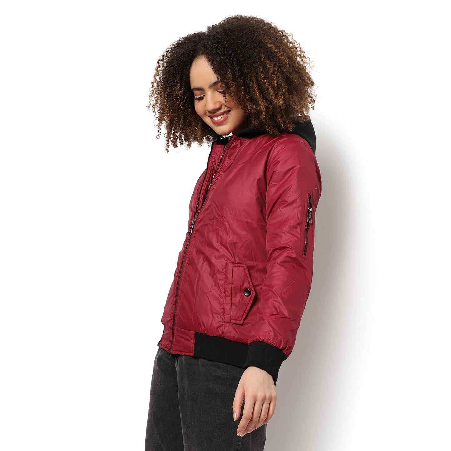 Campus Sutra Women Red Hooded Puffer Regular Fit Bomber Jacket For Winter Wear | Low-Cut Standing Collar | Full Sleeve | Zipper