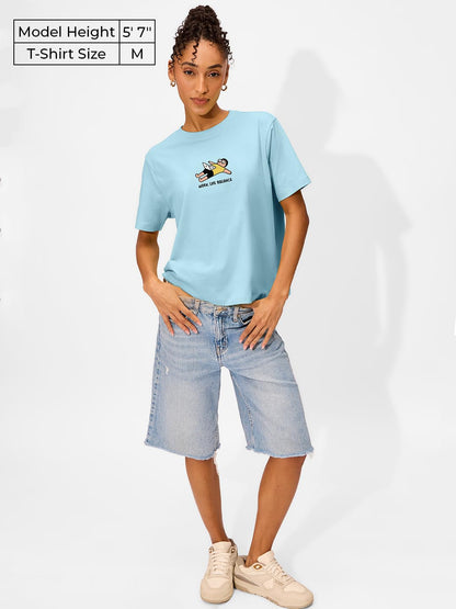The Souled Store Relaxed T-Shirt: Work Life Balance Women and Girls Short Sleeves Round Neck Blue Graphic Printed Cotton Relaxed