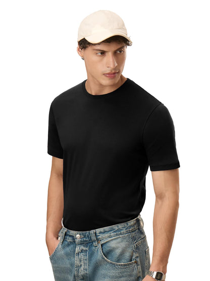 The Souled Store Supima: Black Mens and Boys Regular fit Solid Half Sleeve Cotton Black Color Supima T-Shirts