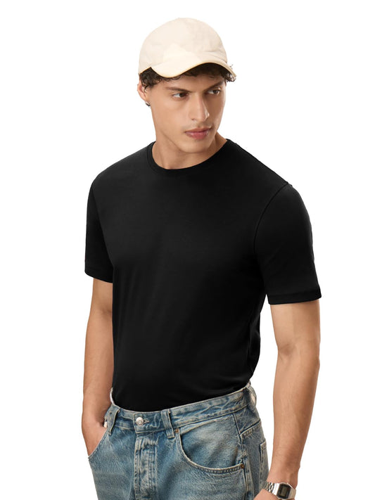The Souled Store Supima: Black Mens and Boys Regular fit Solid Half Sleeve Cotton Black Color Supima T-Shirts