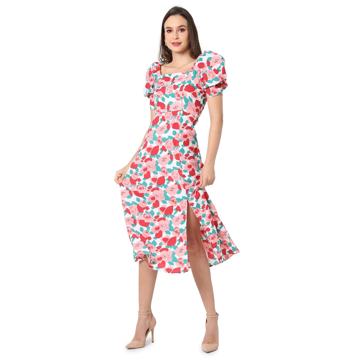 Campus Sutra Women White & Pink Floral Printed Knee Length Casual Dress(Ssmr22_Csw-Aw-Dr4085_S)