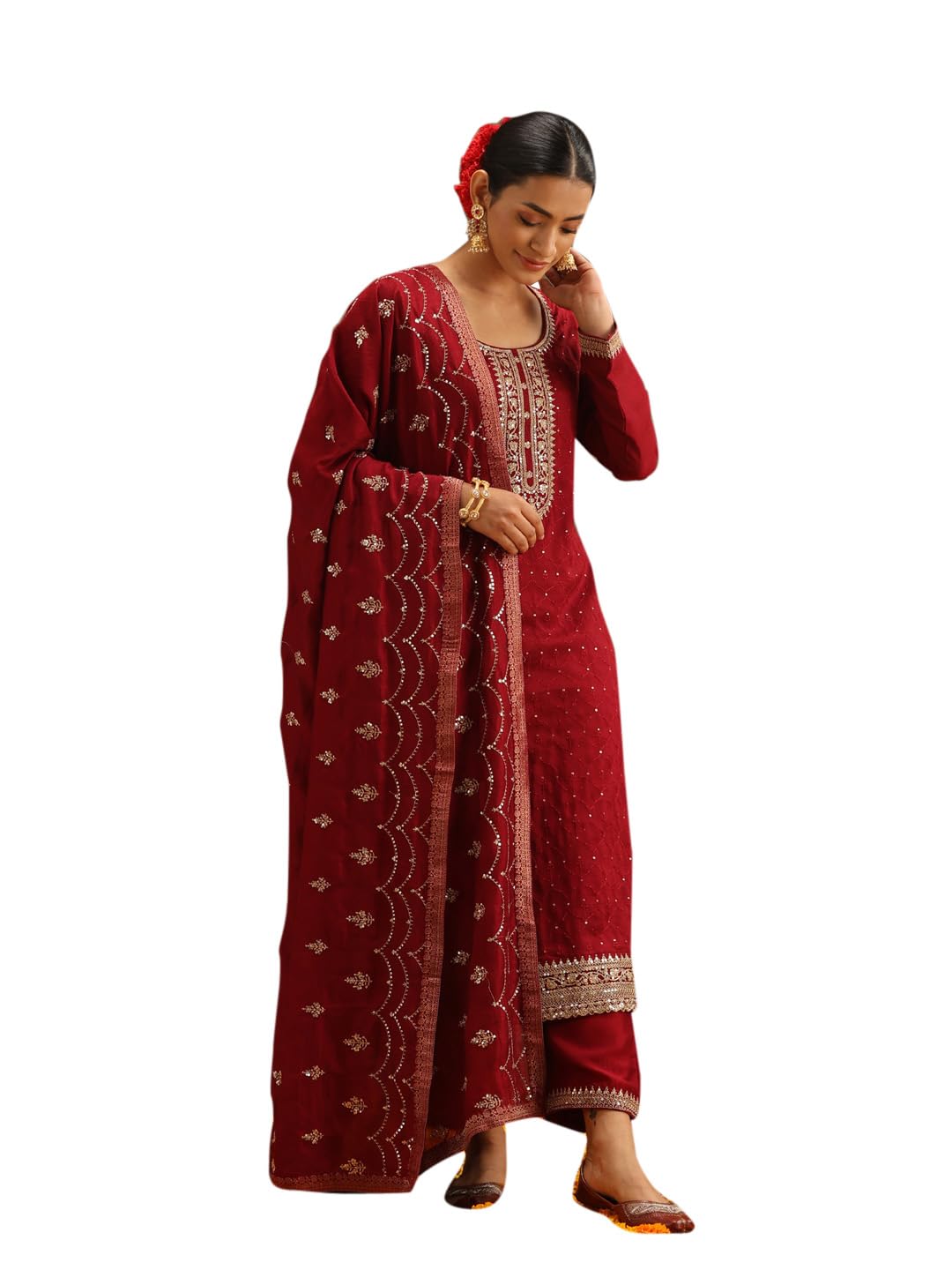 Libas WomenS Silk Blend Kurta Sets (38088O_Maroon
