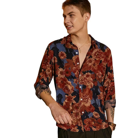 Campus Sutra Mens Chocolate Brown & Midnight Black Floral Overlap Shirt for Casual Wear | Spread Collar | Long Cuffed Sleeves |