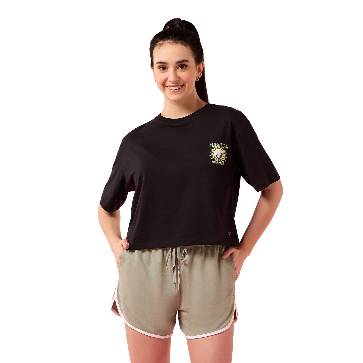 Enamor Womens Graphic Oversized Fit T-Shirt (E3G5_Jet Black Magical