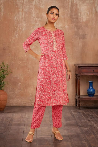 Soch Womens Pink Rayon Kurta Set with Paisley and Bandhani Print