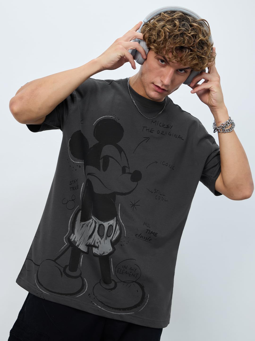 The Souled Store Disney: Mickey Mouse Men and Boys Short Sleeves Round Neck Black Graphic Printed Cotton Oversized T-Shirts