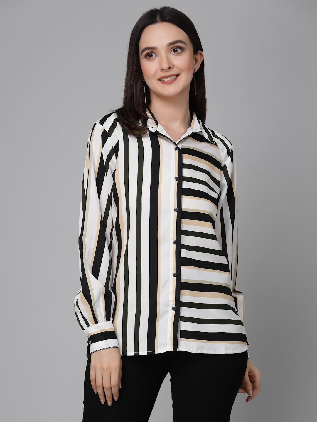 Style Quotient Women Black White Stripe Printed Polyester Boxy Casual Shirt