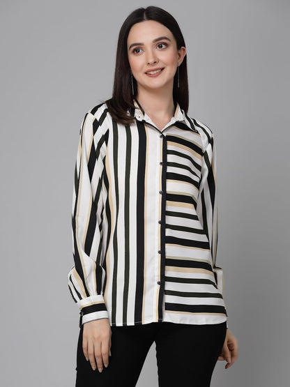Style Quotient Women Black White Stripe Printed Polyester Boxy Casual Shirt
