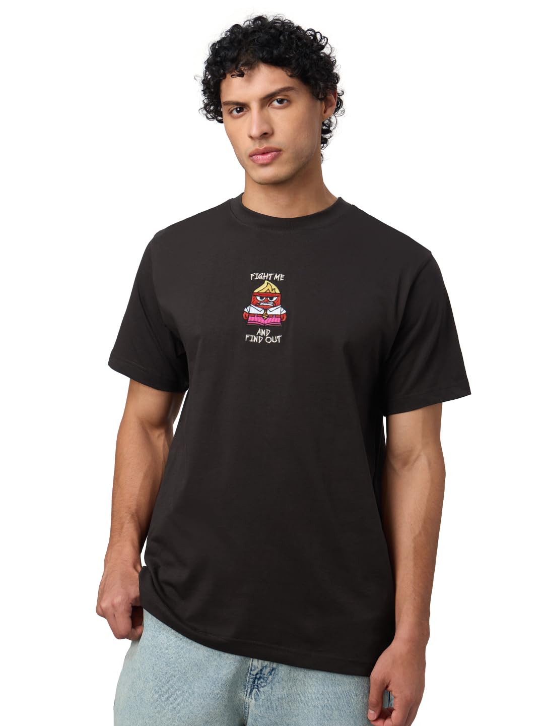 The Souled Store Inside Out: Find Me Men and Boys Short Sleeves Round Neck Brown Embroidered Regular Fit Cotton T-Shirts