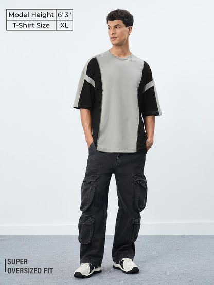 The Souled Store: Colourblock Midnight Men and Boys Short Sleeves Round Neck Grey Colour-Block Cotton Oversized T-Shirts