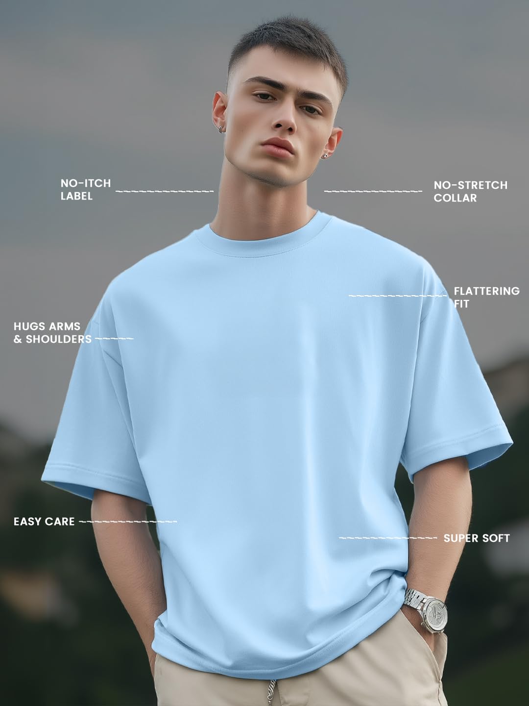 Nobero MenS Solid Oversized Fit T-Shirt (1M-Twrt-R0002_Powder Blue/Olive