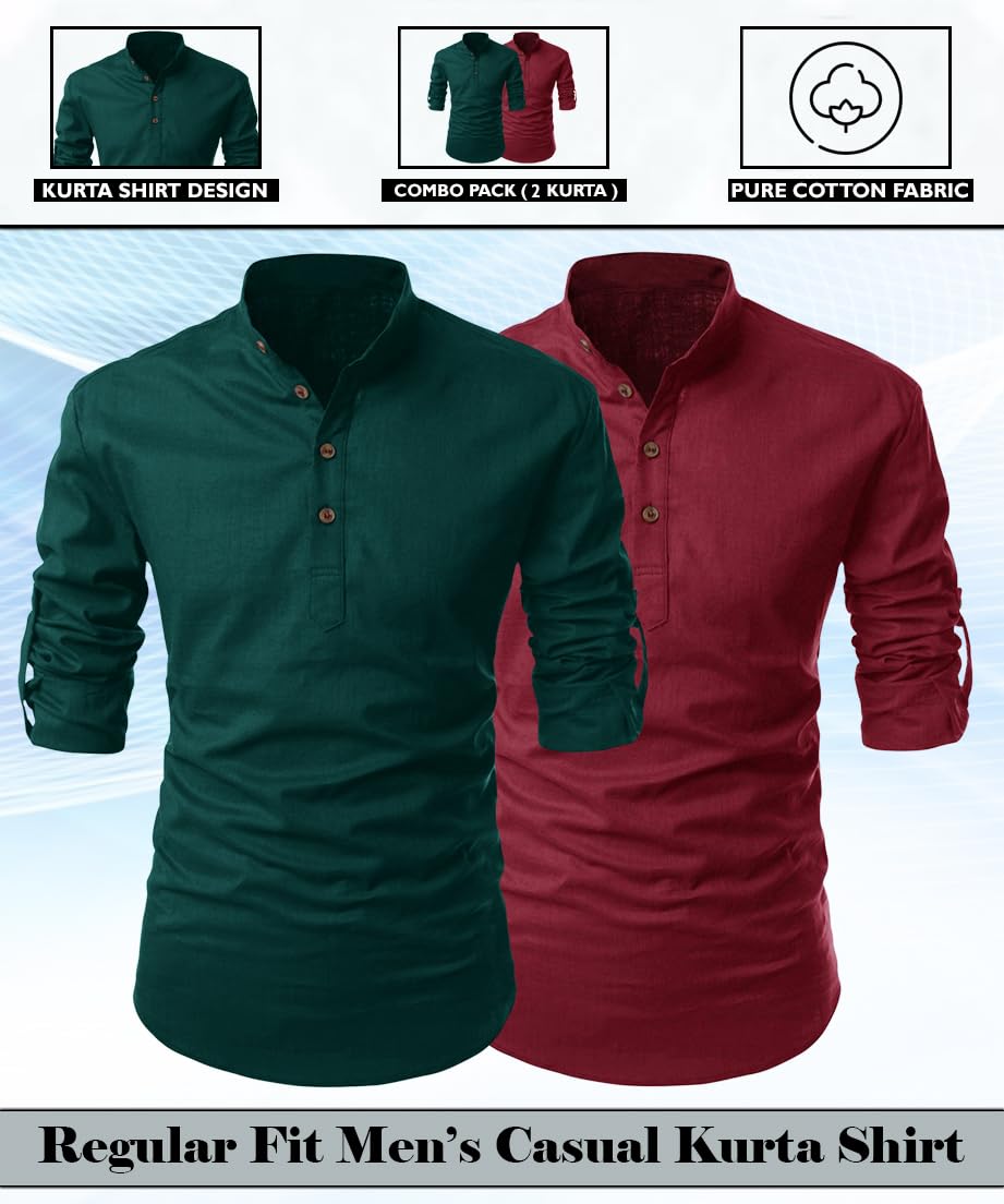 Finivo Fashion Combo Of MenS Regular Fit Cotton Blend Solid Full Sleeves Kurta | Short Kurta For Men (Pack Of 2)