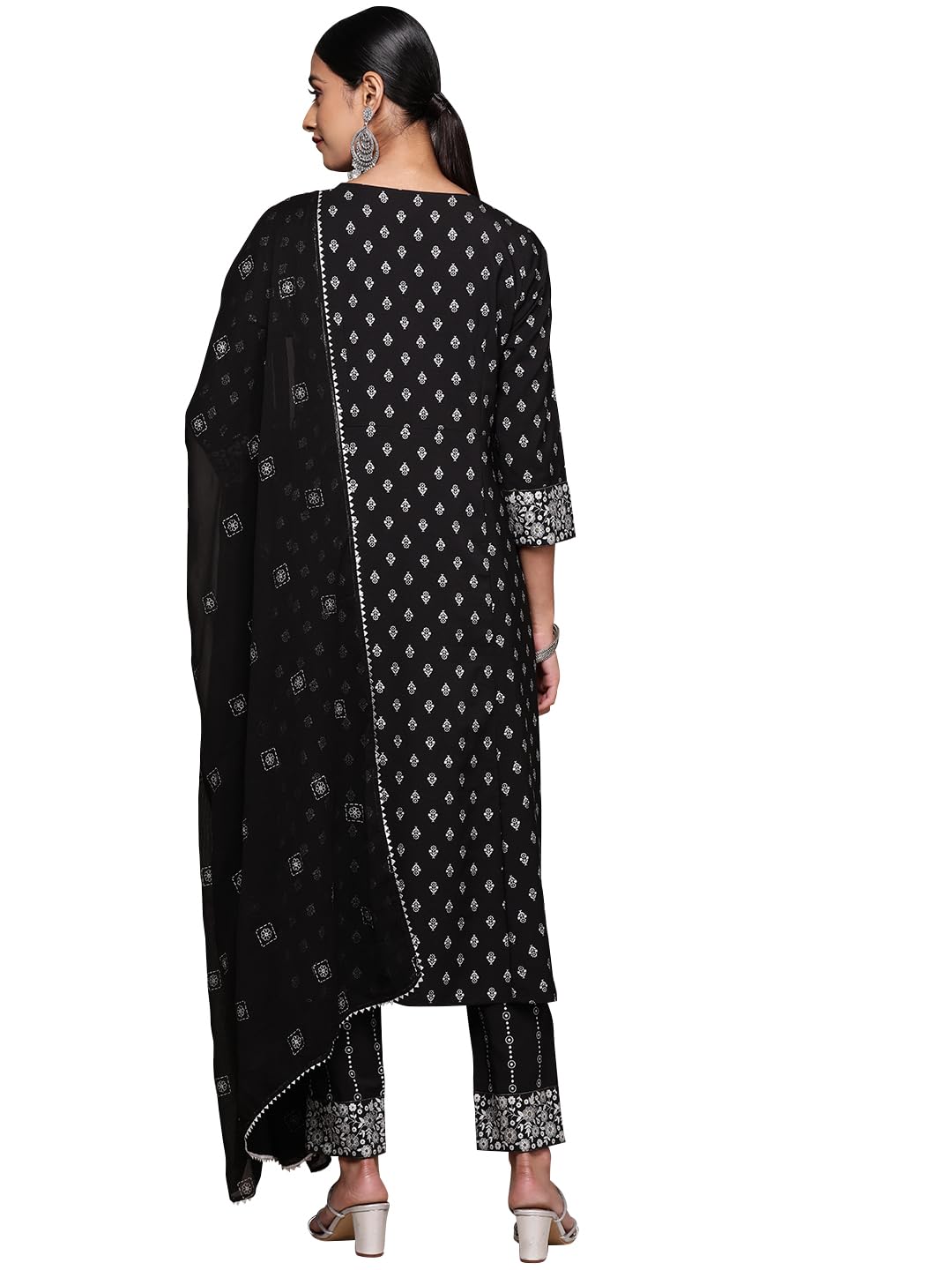 ZIYAA Women's Black Crepe Kurta, Pant and Dupatta Set