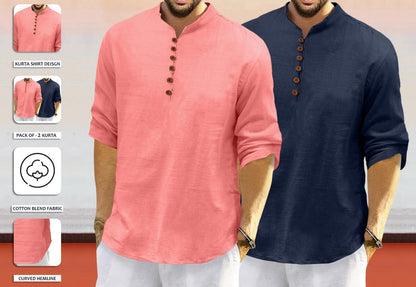 Royalscout MenS Cotton Polyester Blend Solid Regular Fit Full Sleeve Short Kurta | Ethnic, Lightweight Summer Kurta For Daily &