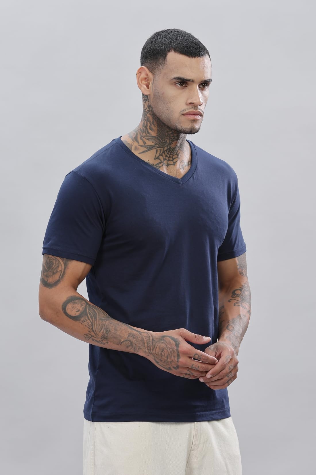 ADRO Men's V Neck Solid Cotton T-Shirt (VN-M-PLN-NB_Navy)
