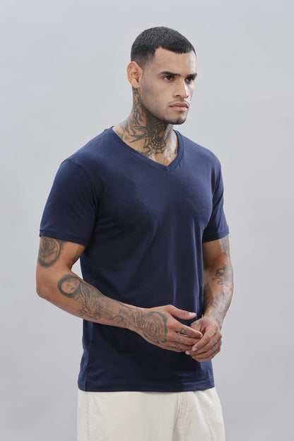 ADRO Men's V Neck Solid Cotton T-Shirt (VN-M-PLN-NB_Navy)