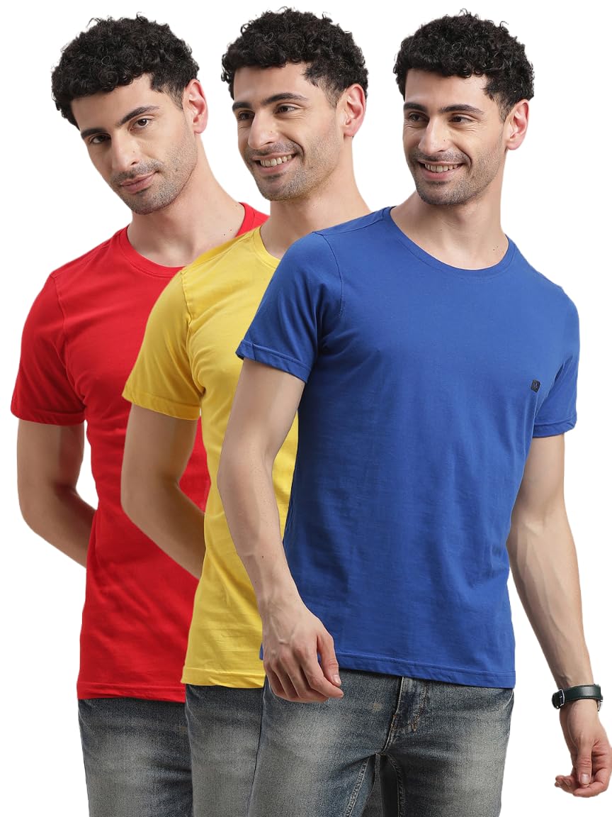 Turtle Men 100% Cotton Blue/Red/Yellow Solid Round Neck T-Shirt