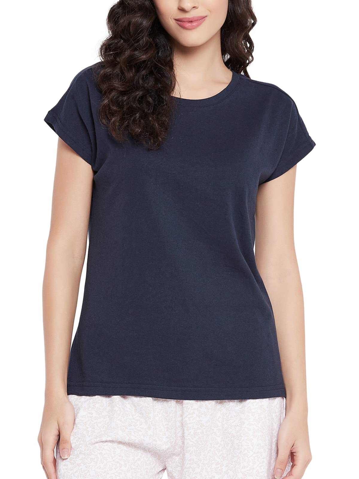 Clovia Womens Cotton Chic Basic Short Sleeves T-Shirt (LT0146P08_Navy Blue_M)