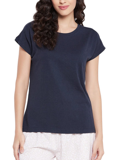 Clovia Womens Cotton Chic Basic Short Sleeves T-Shirt (LT0146P08_Navy Blue_M)