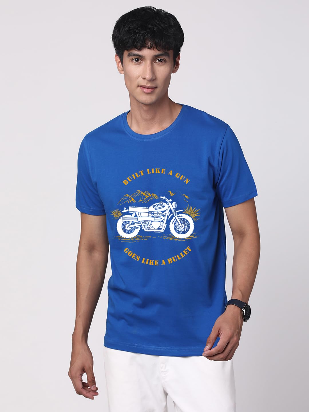 ADRO Men's Royal Bike Design Printed 100% Cotton T-Shirt - Regular Fit, Printed T-Shirts for Men (RN24-RYL-RB_Royal Blue)