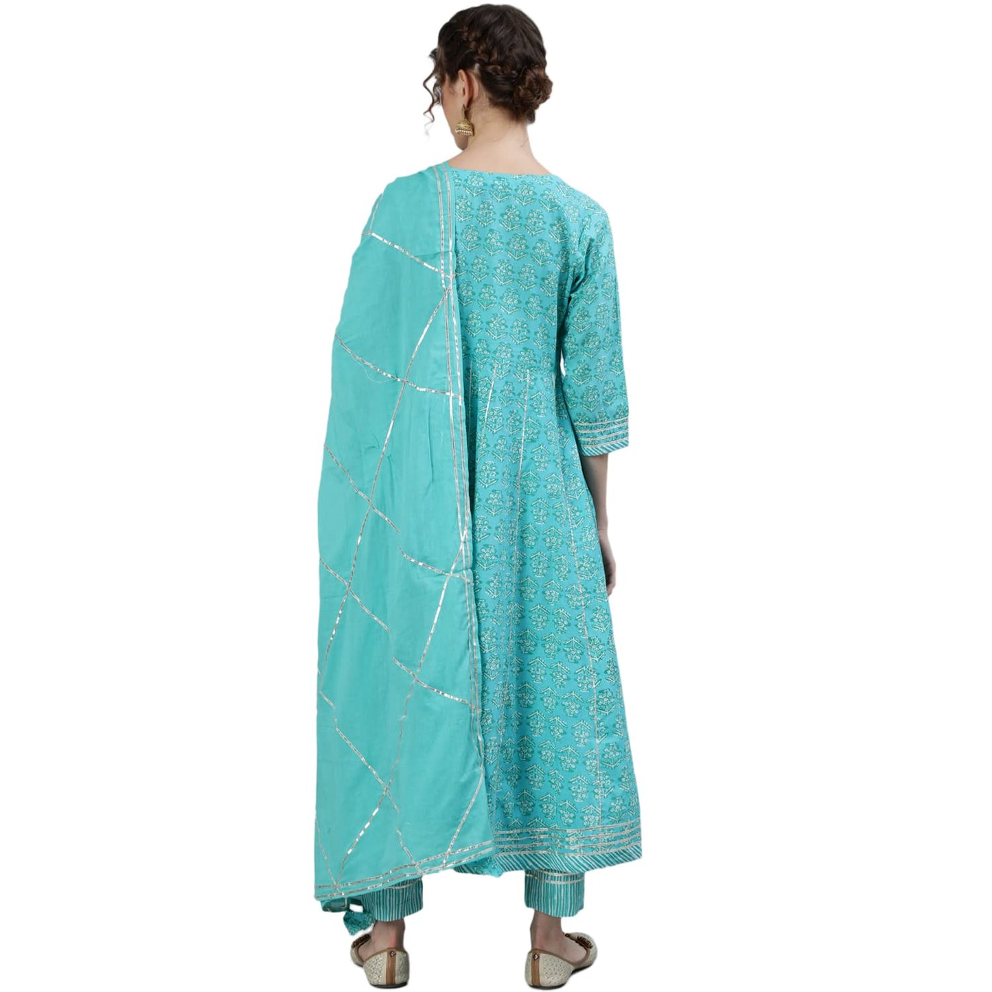 ishin Women's Sea Green Gota Patti Anarkali Kurta Set with Trouser and Dupatta