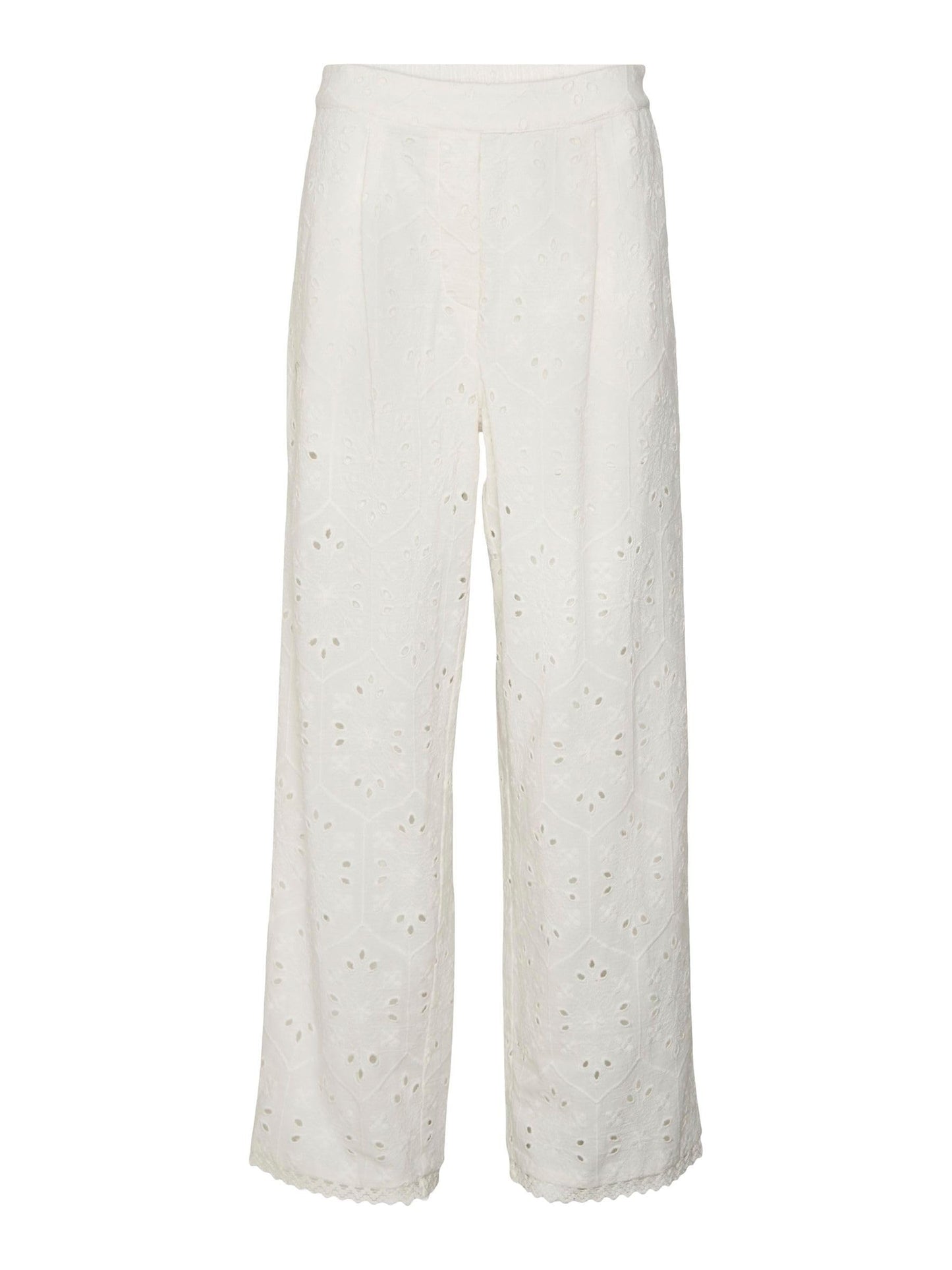 Vero Moda Women Self-Design White Cotton Wide Leg High-Rise Pants