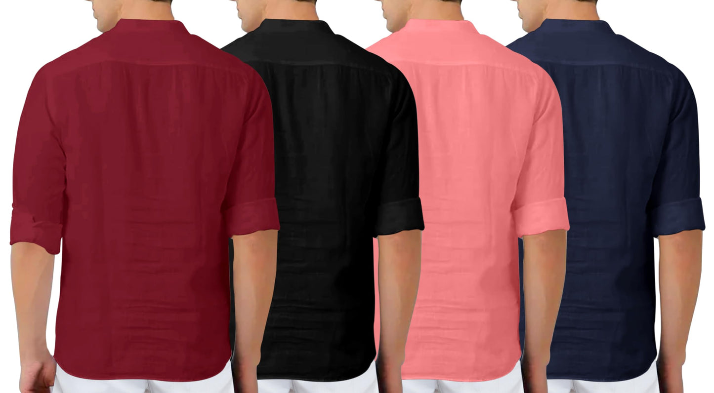 Zombom MenS Cotton Blend Solid Full Sleeve Kurta Shirt, Multicolor, Xxl, Combo Set Of 4