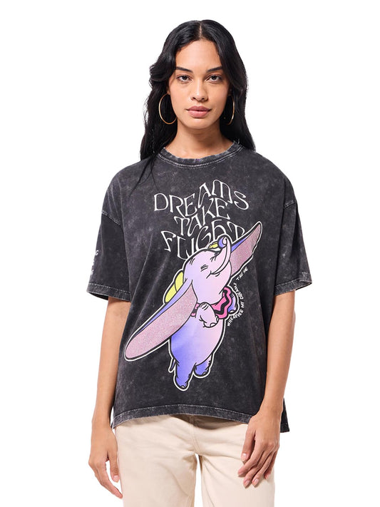 Bewakoof Official Disney Merchandise Dumbo Womens Graphic Print Oversized Fit Half Sleeve Round Neck Cotton Jersey Acid Wash T-